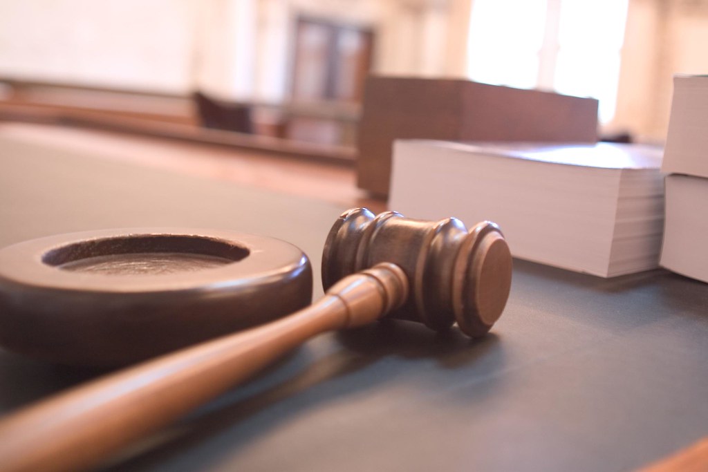 Wooden gavel in a courtroom